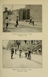 Two black and white photographs of children playing in a street or lot