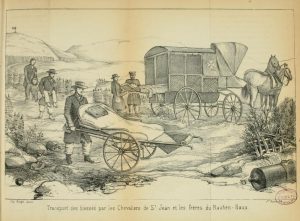 Black and white illustration showing the transport of the wounded from a battlefield