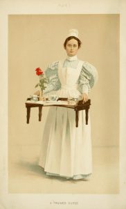 Color portrait of nineteenth century nurse carrying tray with dishes and a flower