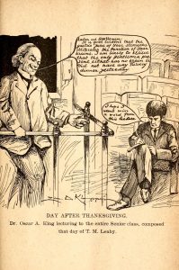 Illustration of professor lecturing to class of single student, titled 'Day After Thanksgiving'
