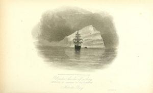 Black and white illustration of sailing ship against an iceberg