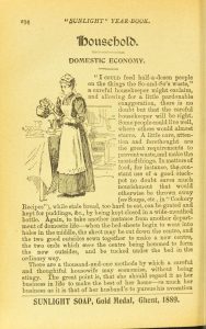 Black and white page of text with illustration of woman pouring tea and the heading, "Household Domestic Economy"