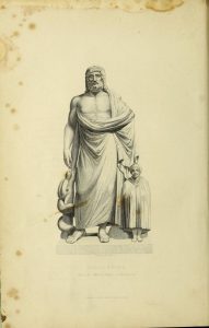 Full page black and white illustration of an ancient Greek or Roman-style male figure in heavily draped robes, possibly meant to be Hippocrates, Galen, or Aesculapius
