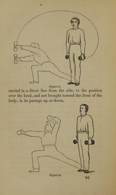 Black and white diagrams for two separate dumbbell exercises