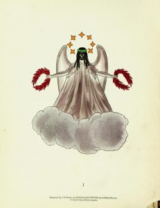 Ghostly figure crowned with circlet of stars, holding red laurel wreath in each hand and standing on clouds.