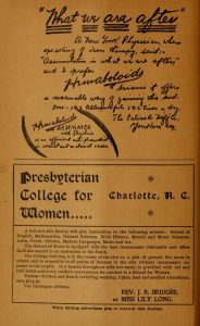 Half-page advertisement for the Presbyterian College for Women in Charlotte, NOrth Carolina