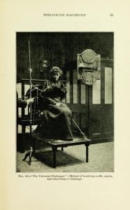 Black and white photograph of a woman in late nineteenth century dress involved in medical testing equipment