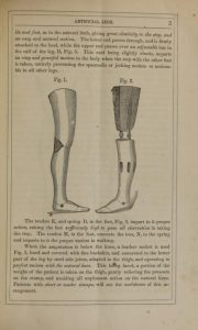 Black and white picture of two artifical legs, thigh to foot