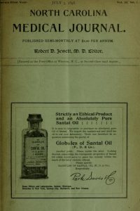 Front cover of issue of North Carolina Medical Journal, featuring an ad for Santal oil