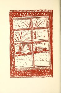 Print of a snowy landscape seen through a paned window