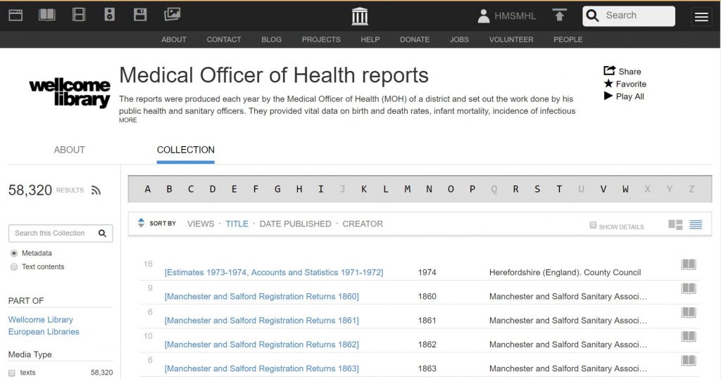 Screenshot of Wellcome Library's Medical Officer of Health reports collection.