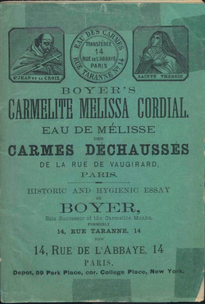 Cover of an advertising pamphlet for Boyer's "Carmelite Melissa Cordial"