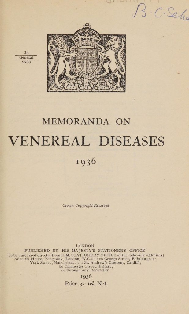 Title page from the "Memoranda on Venereal Diseases," 1936, British War Office. Click the image to read the item!