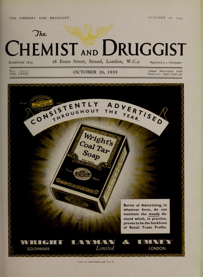 Cover of 1935 issue of "Chemist and Druggist" featuring a 3/4s page ad for Coal Tar Soap.
