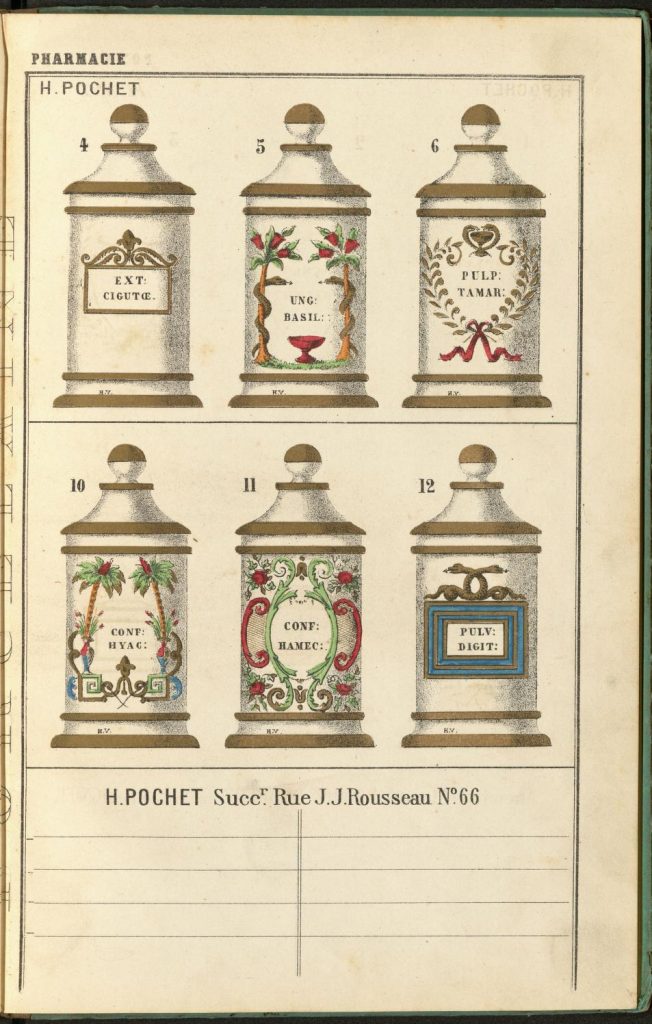Page showing pharmacist's urns for sale: each urn has a different design and label with highlights in gold and various bright colors.