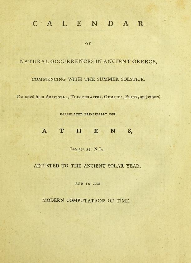Page of text: "Calendar of natural occurrences in ancient Greece, commencing with the Summer Solstice."