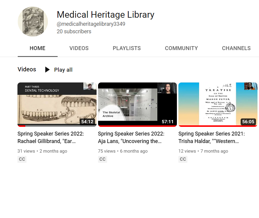 Partial screenshot of Medical Heritage Library's YouTube channel.
