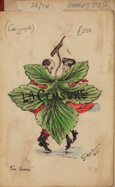 Colorful full page drawing of heterosexual couple hidden behind ivy or fig leaf. "La Censure" is written in large black letters over the leaf.