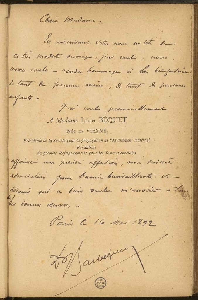 Handwritten note in Frnech to "Chere Madame" on dedication page of book.