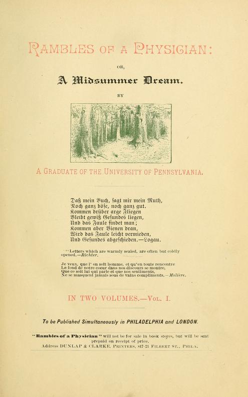 Title page for "Rambles of a Physician: or, a Midsummer Dream" with green-tone drawing of trees in the middle of the page.