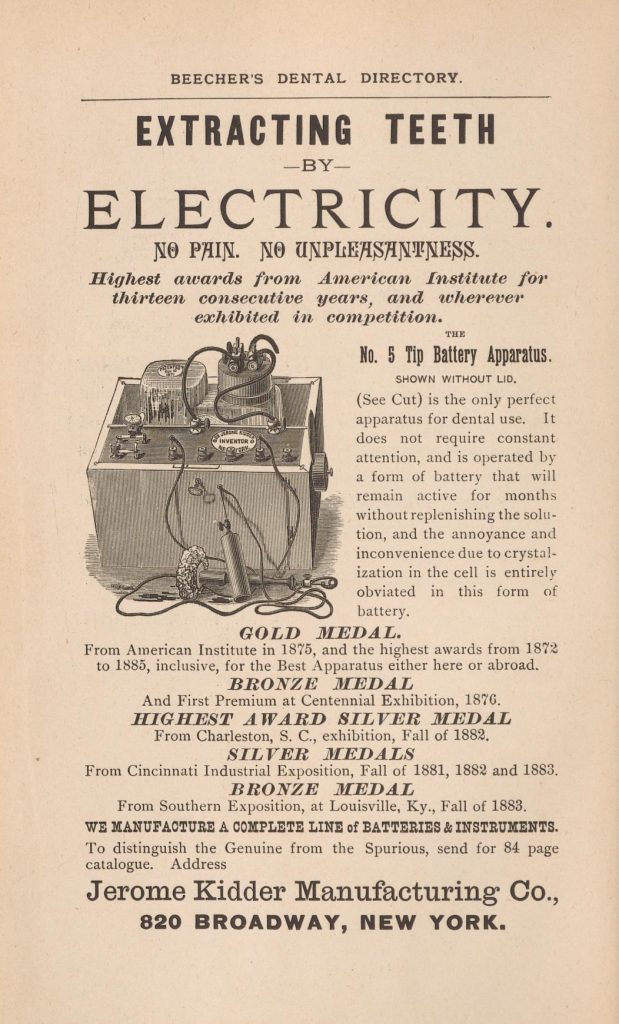 Full page advertisement for "Extracting teeth by electricity!"