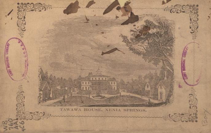 Black and white drawing of Tawawa House at the Xenia Springs rest area. Image is stained with what looks like brown ink and has two purple stamps from the Army Medical Library.