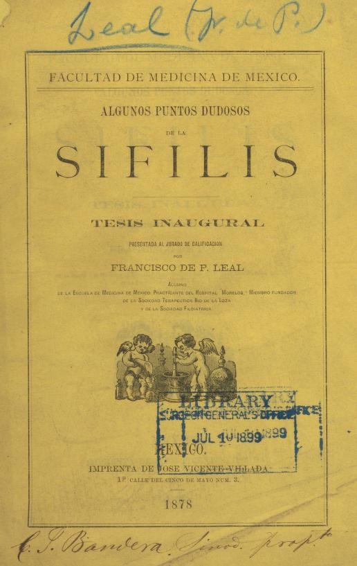 Printed front cover of "textsAlgunos puntos dudosos de la sifilis : tésis inaugural presentada al jurado de calificacion" with illegible blue handwritten note and blue stamp from the surgeon general's office.