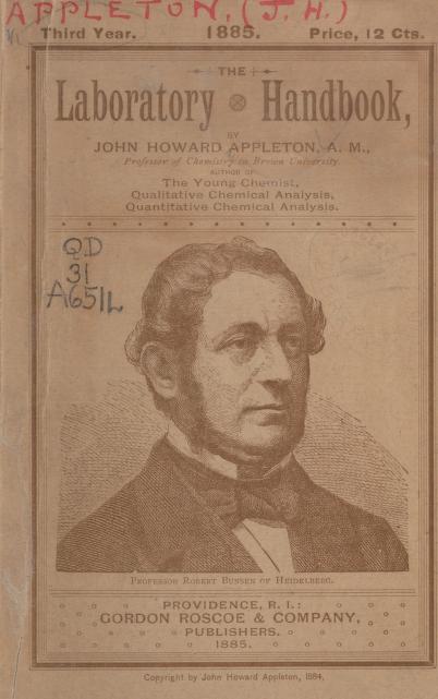 Sepia-toned cover of 1885 "Laboratory handbook" by John H Appleton.
