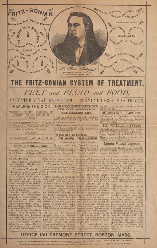 Printed cover of advertising material for "The Fritz-sonian system" of medical treatment and cure.