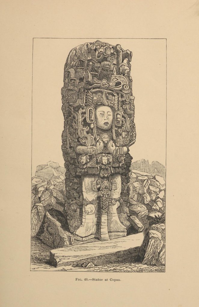Black and white image of large Central or South American-style statue; caption reads "Statue at Copan."