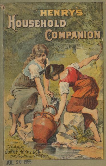Colored cover of 1885 "Henry's household companion," showing two girls getting water from a pump in a large jug.
