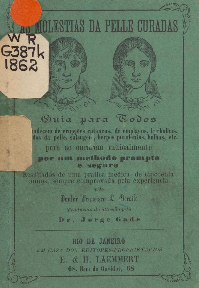 Printed cover of medical pamphlet with small drawings of two female faces, one with extensive skin damage, the other with clear skin.