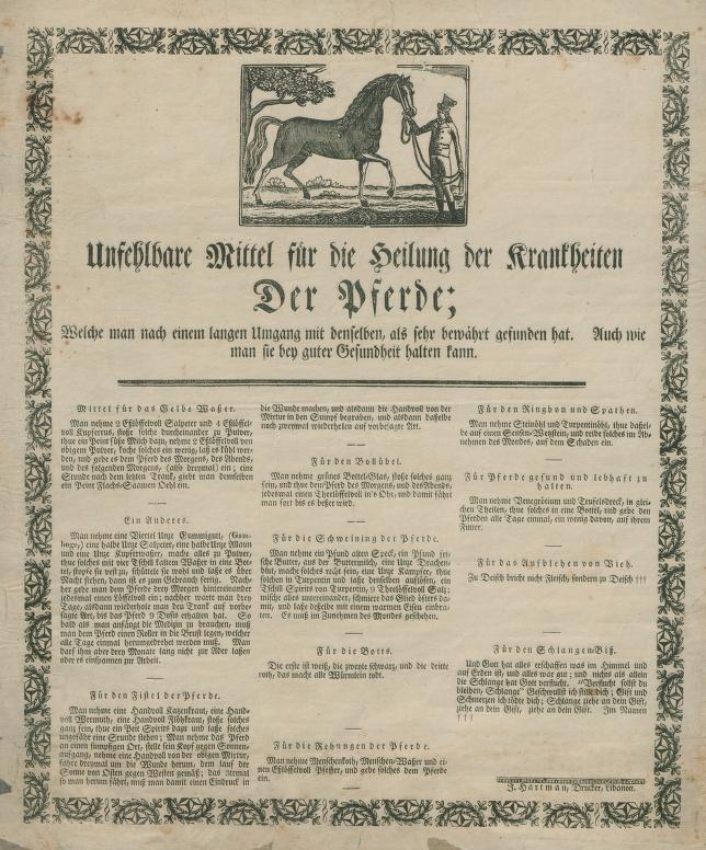 Full page of German print with a small engraving of a horse and man at the top and a heavy decorative border.